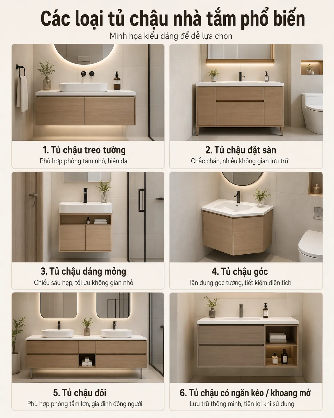 Tổng hợp các loại tủ chậu lavabo nhà tắm bền đẹp, hiện đại nhất 2026