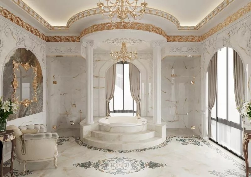 Phối màu gạch ốp tường phòng khách phong cách Tân cổ điển